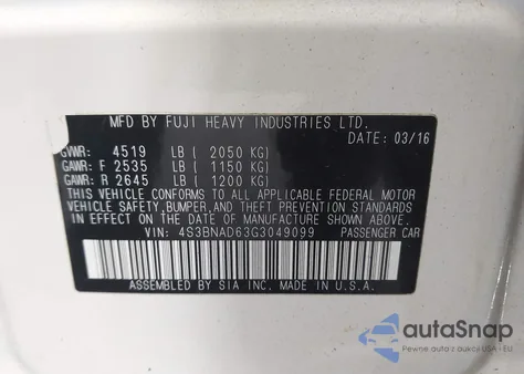 2016 Subaru Legacy 2.5I Premium z USA, uszkodzony, nr VIN 4S3BNAD63G3049099